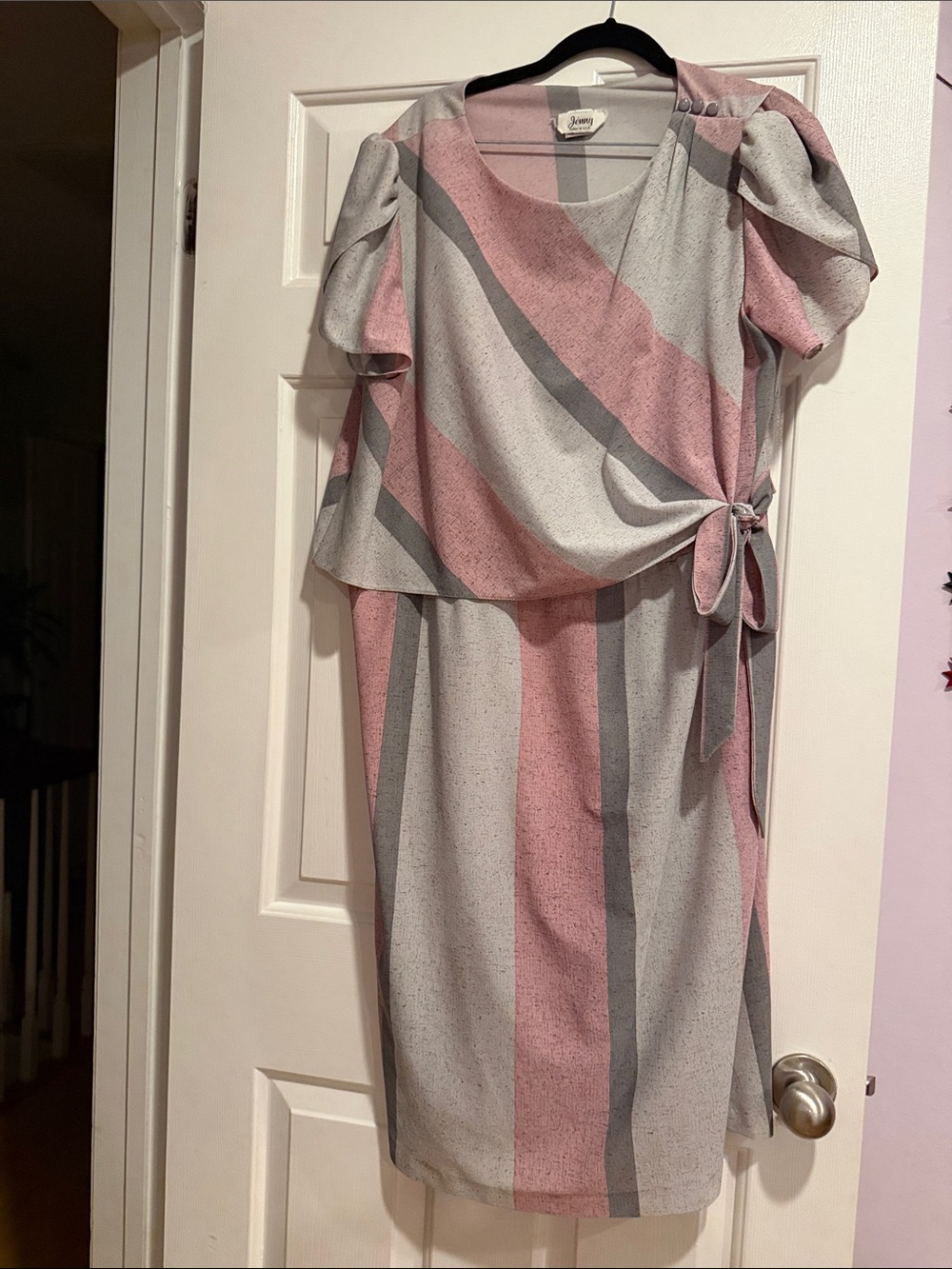 Vintage Women’s Pink and Gray Wrap-Detail Midi Dress